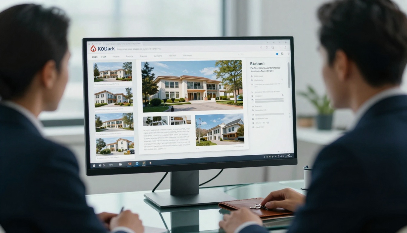 A real estate agent presenting a brochure flipbook on a large monitor