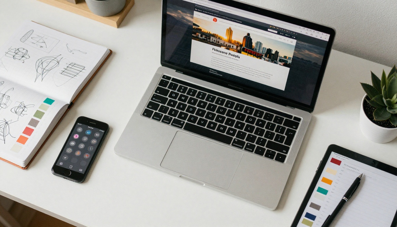 A designer's desk with a laptop, phone and tablet showing responsive layouts