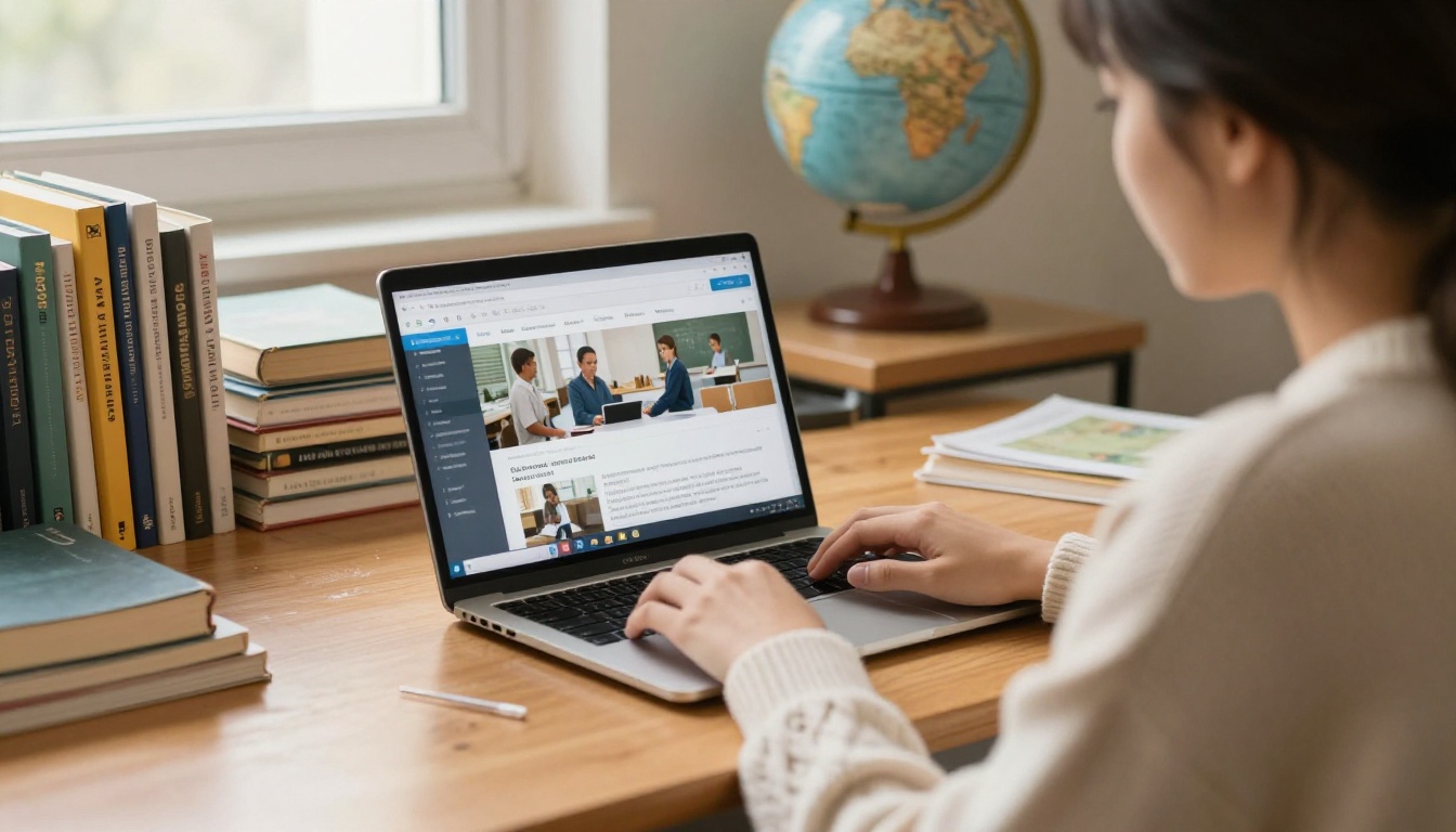 A teacher at a classroom desk using a laptop with an embedded flipbook