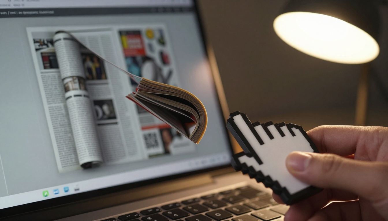 A hand on a trackpad near a laptop showing a flipbook with a page curl