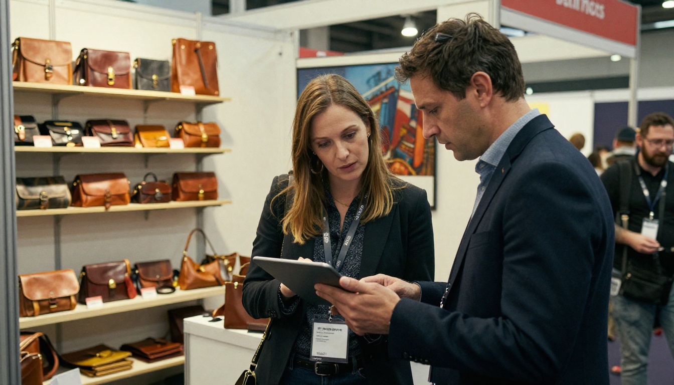 Partners reviewing a catalog at a trade fair Partners reviewing a catalog at a trade fair