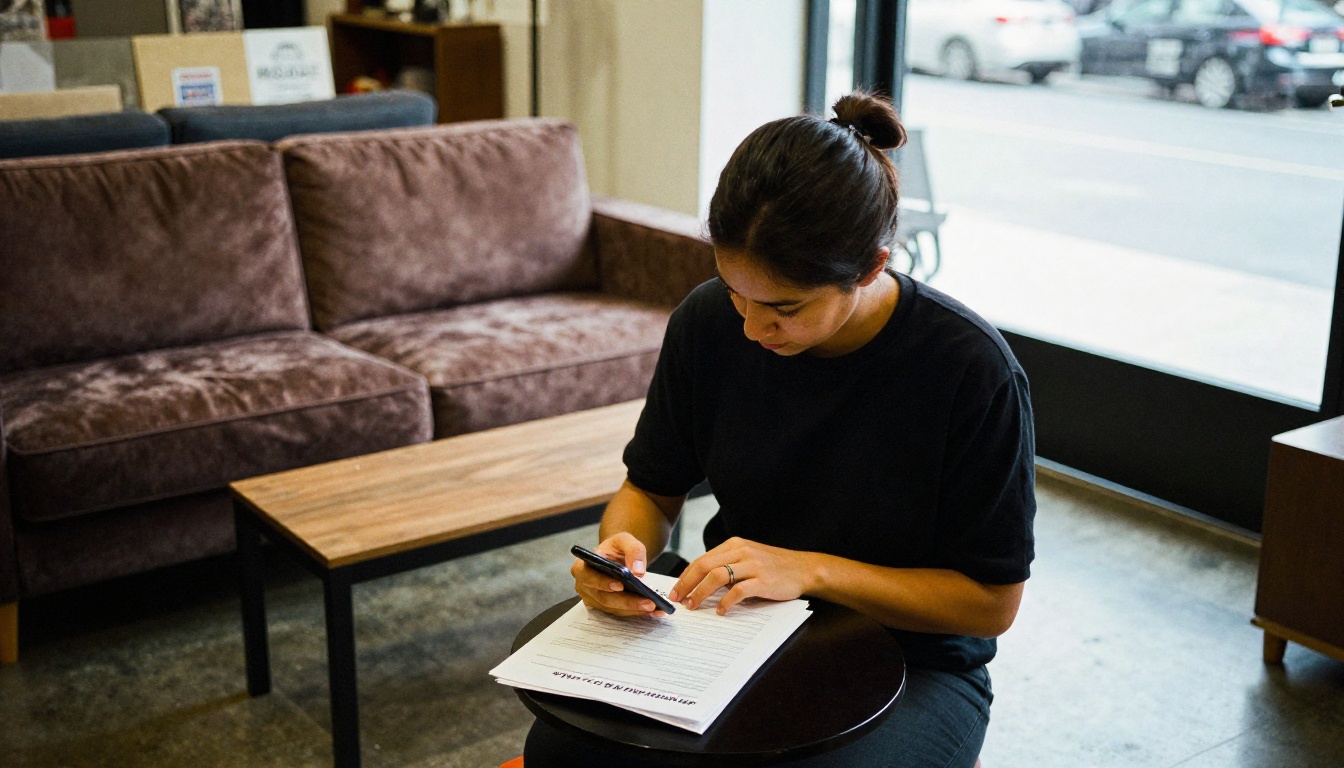 Small store owner filling out a form on a phone Small store owner filling out a form on a phone