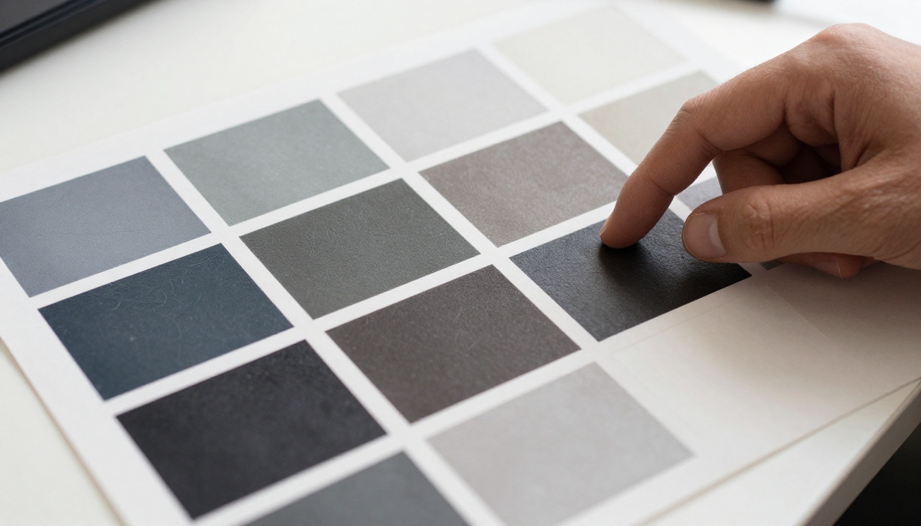 Printed color swatches arranged on a studio table