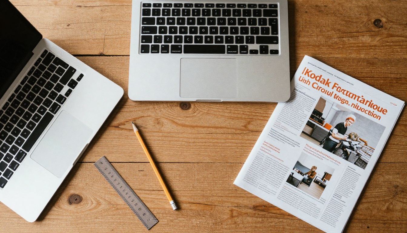 Top-down view of a desk with a laptop and printed pages