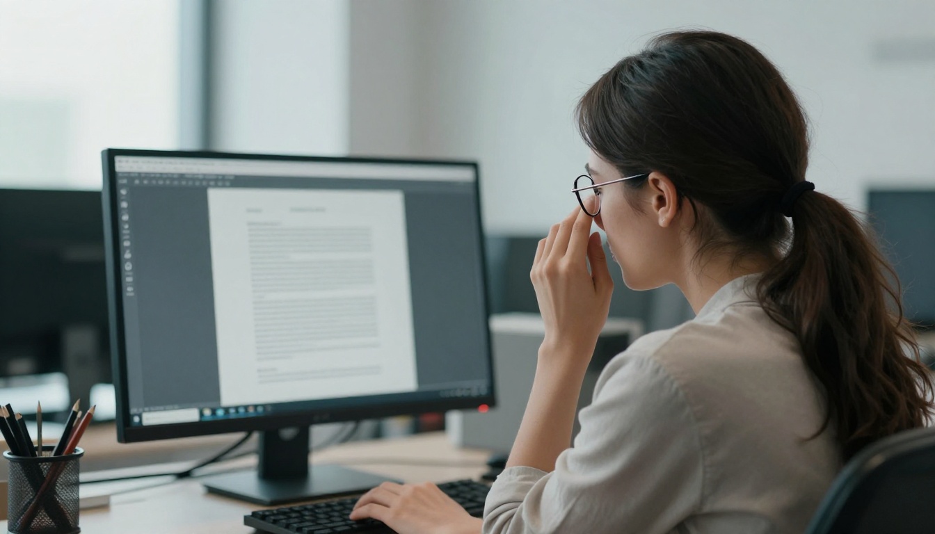 A woman squinting at a monitor showing pale gray text