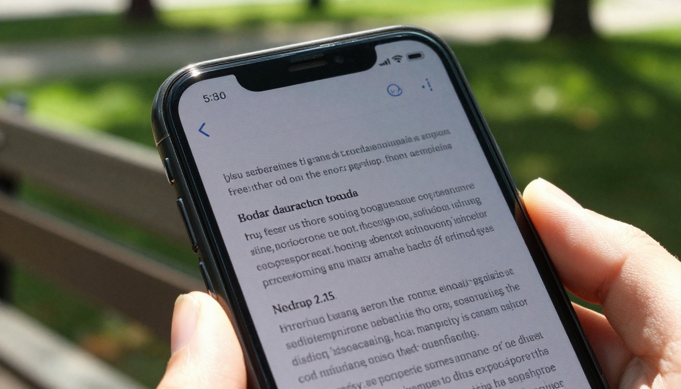 A smartphone held in direct sunlight showing a document page