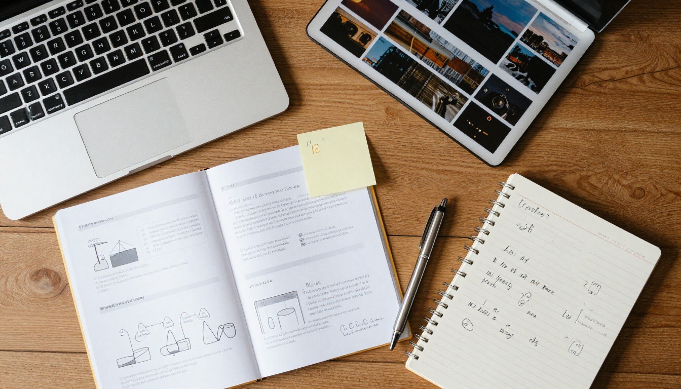 Overhead view of a desk with a catalog and a laptop Overhead view of a desk with a catalog and a laptop