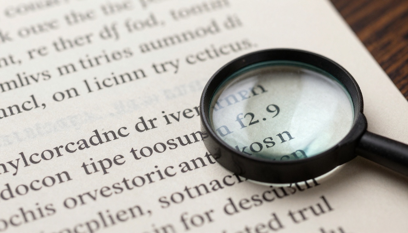 Macro view of sharp black text on cream paper under a magnifying glass