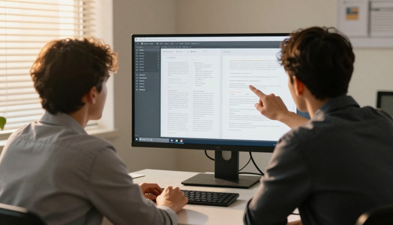 Two colleagues reviewing a catalog spread on a monitor Two colleagues reviewing a catalog spread on a monitor