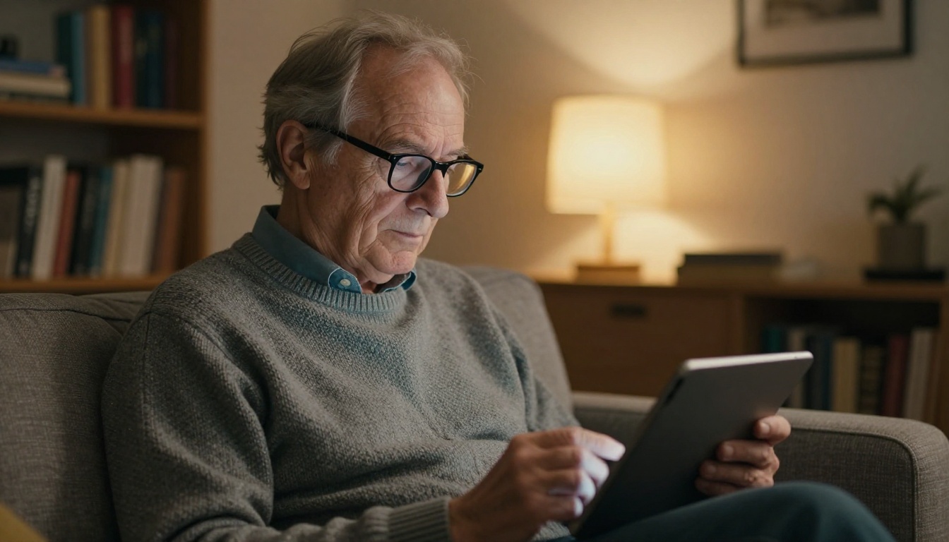 A reader with glasses on a sofa reading a tablet in lamp light