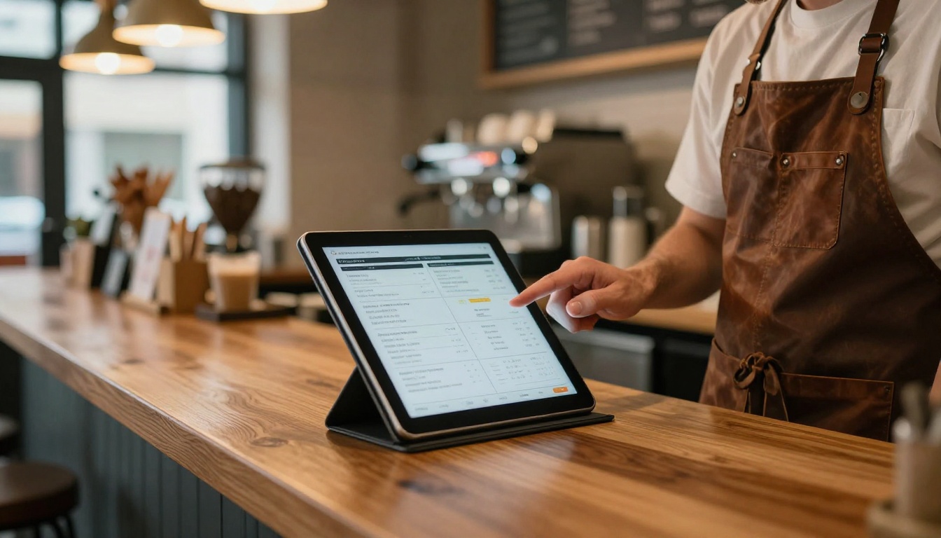 Restaurant owner reviewing a digital menu on a tablet Restaurant owner reviewing a digital menu on a tablet