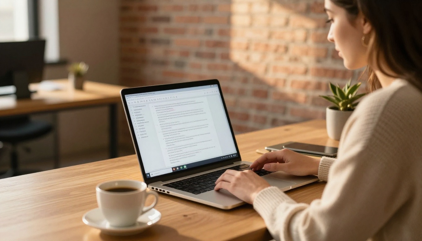 Reviewing text and fonts on a laptop at a standing desk