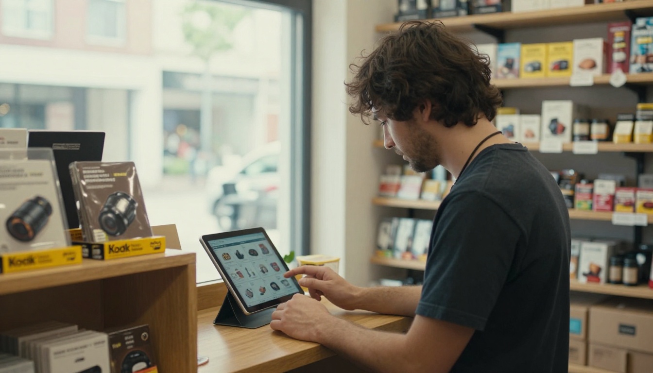A shop owner reviewing a product catalog on a tablet