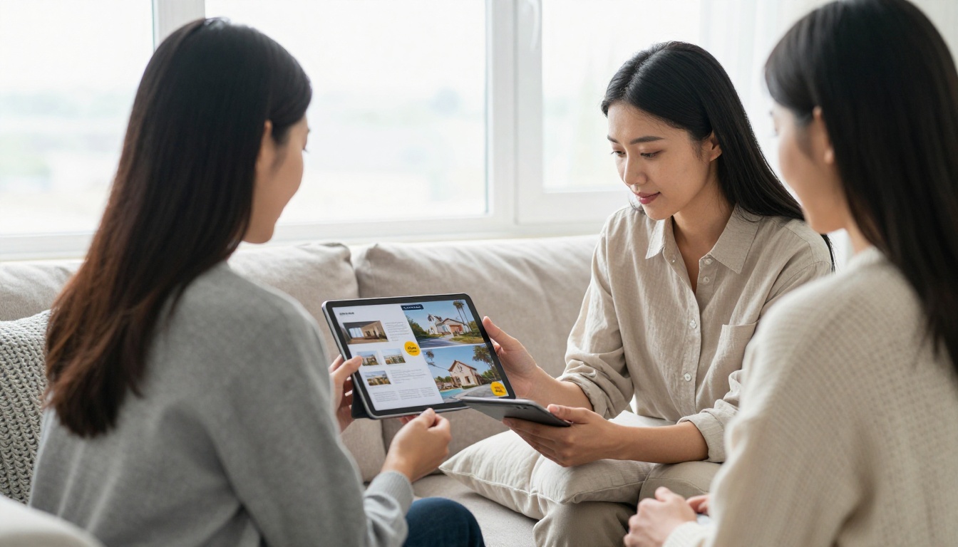 Real estate agent showing a brochure flipbook to a client Real estate agent showing a brochure flipbook to a client