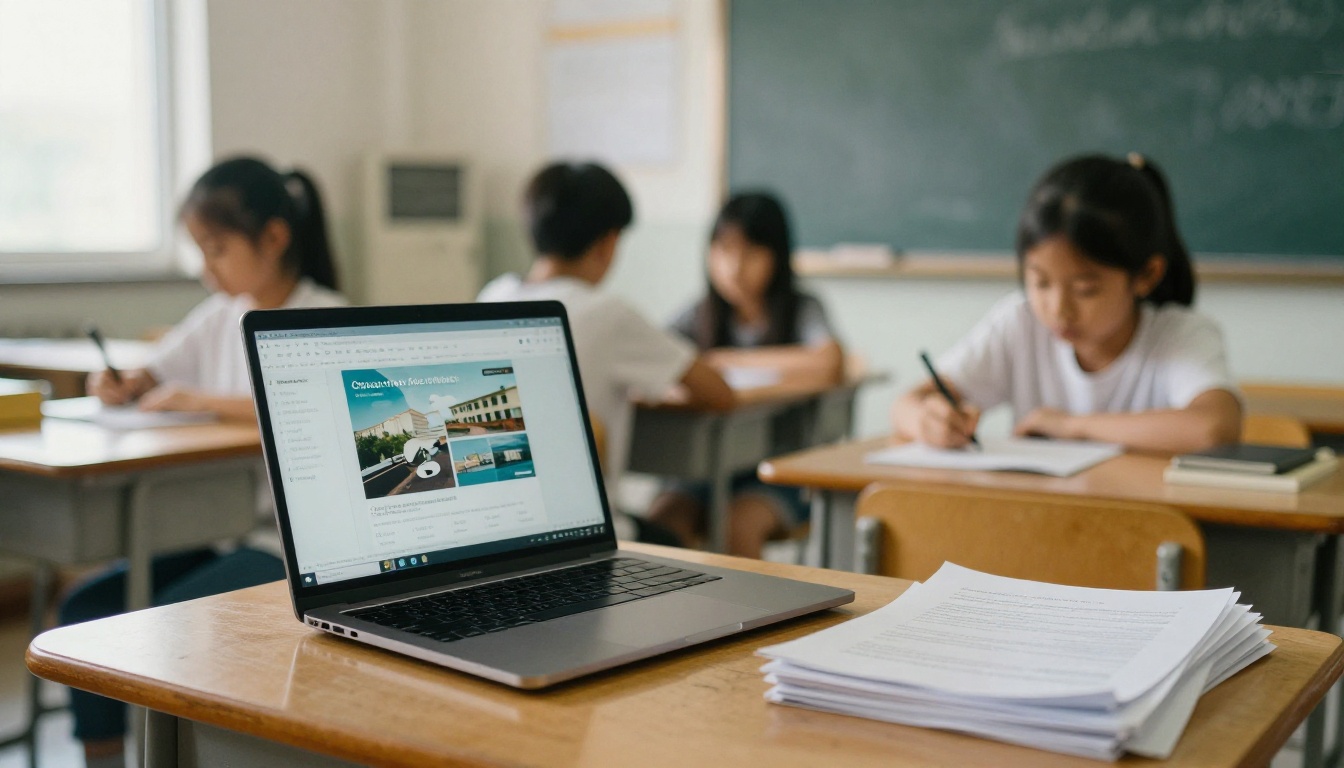 Teacher with a course material flipbook open on a laptop Teacher with a course material flipbook open on a laptop
