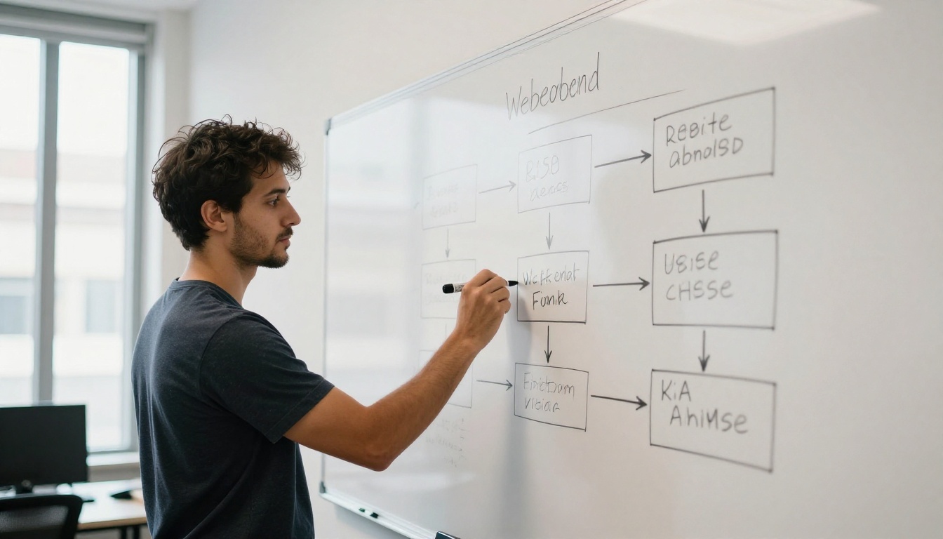 Developer beside a whiteboard mapping an embed workflow Developer beside a whiteboard mapping an embed workflow