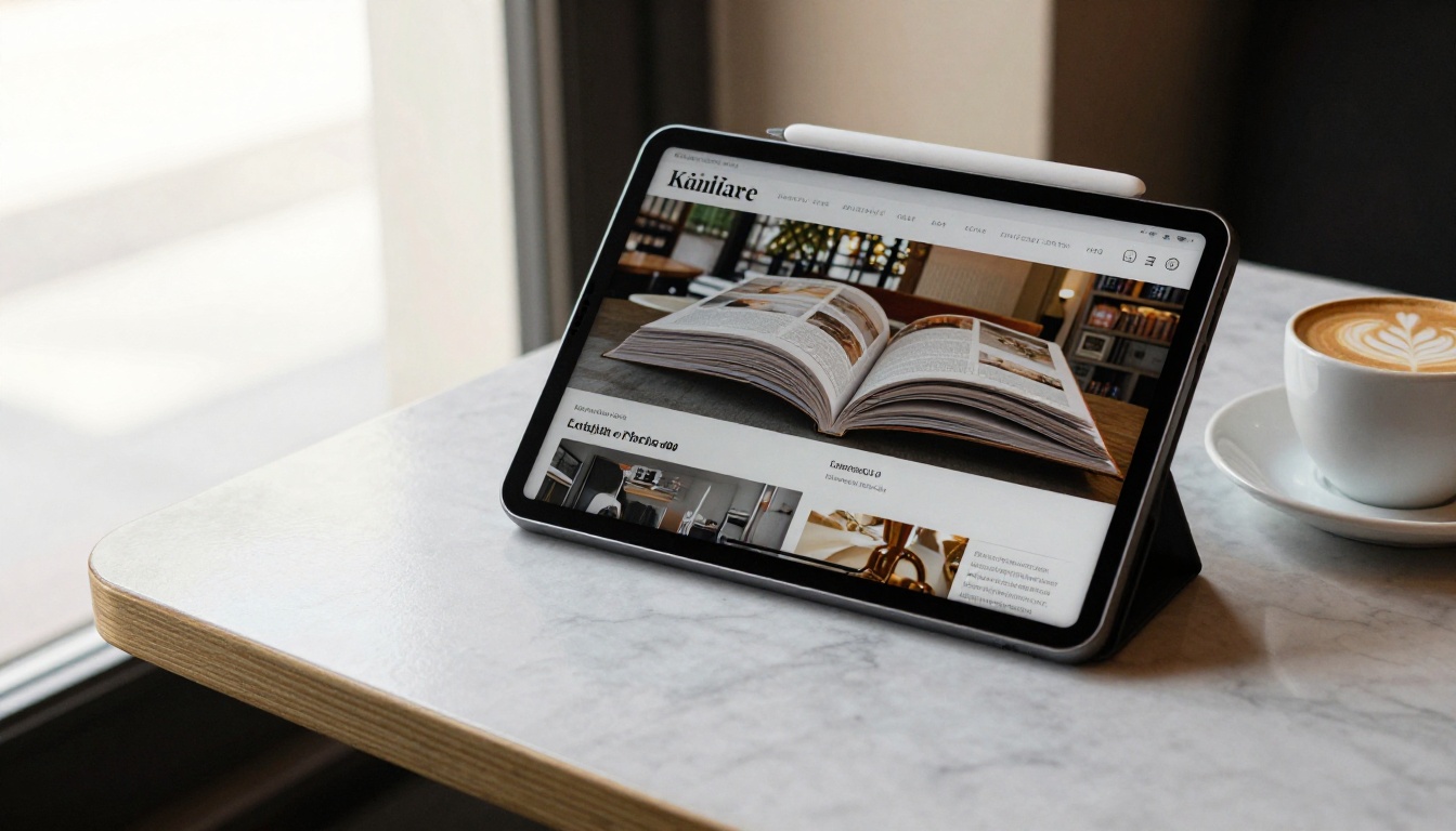 Tablet showing a digital magazine with turning pages