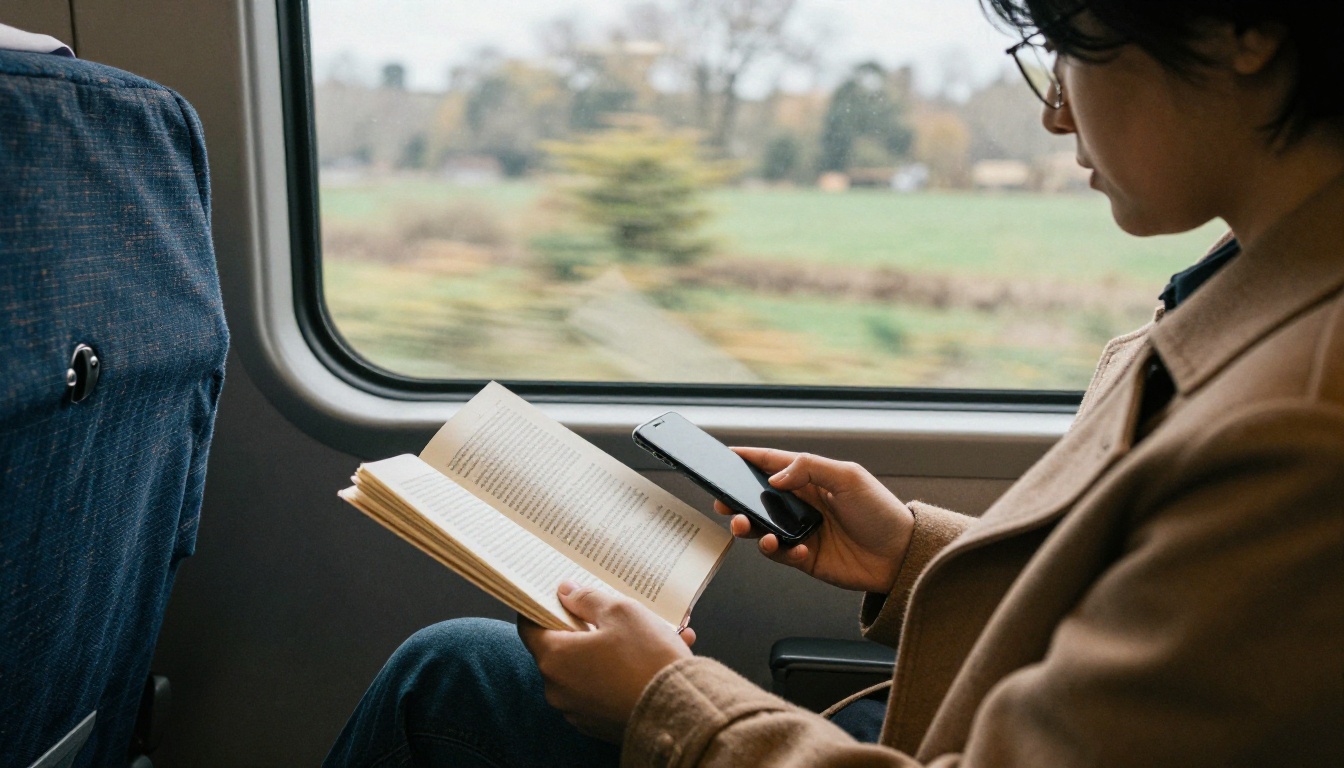 Person reading a flipbook page on a phone during a train ride Person reading a flipbook page on a phone during a train ride