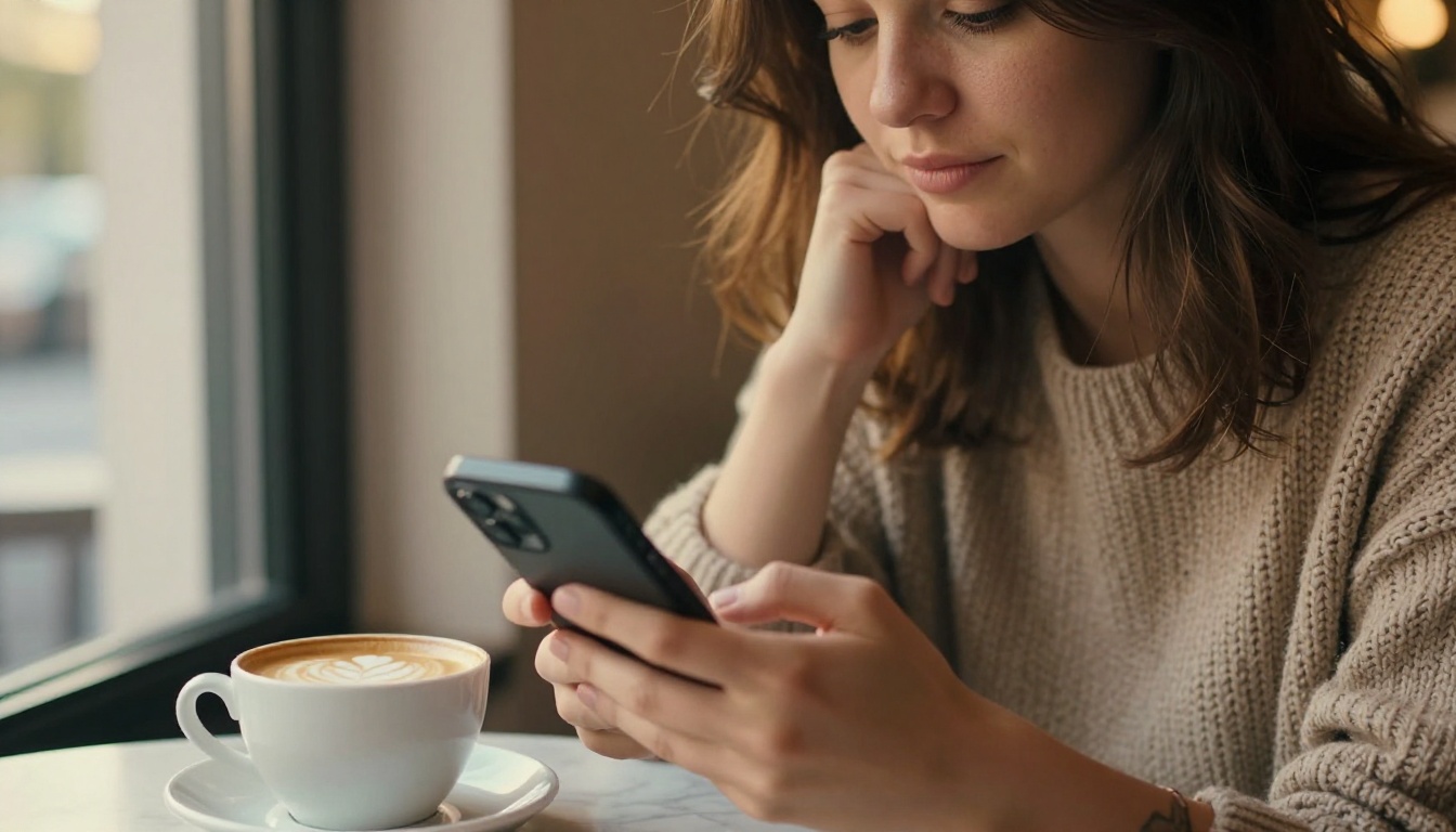 Woman checking her phone in a sunlit cafe Woman checking her phone in a sunlit cafe