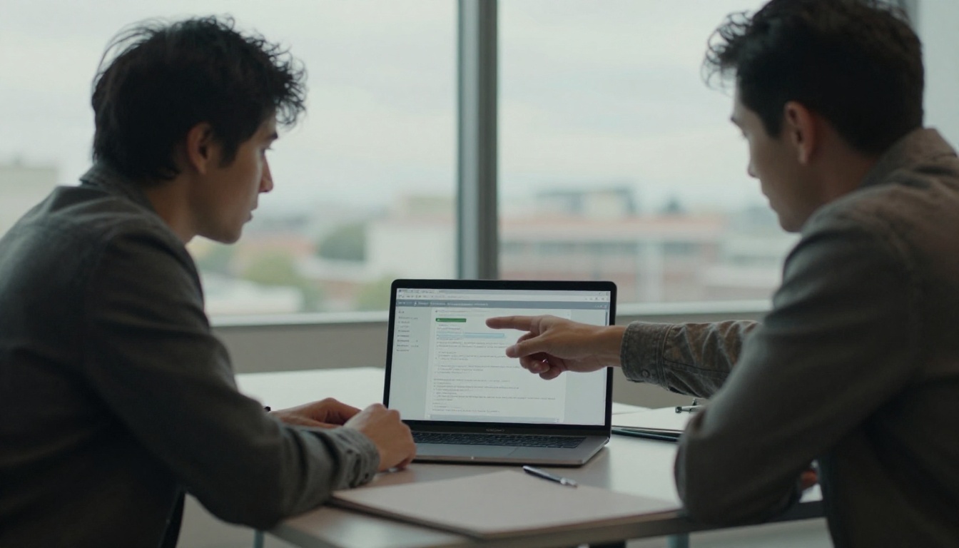 Two colleagues reviewing a laptop together in a meeting room Two colleagues reviewing a laptop together in a meeting room