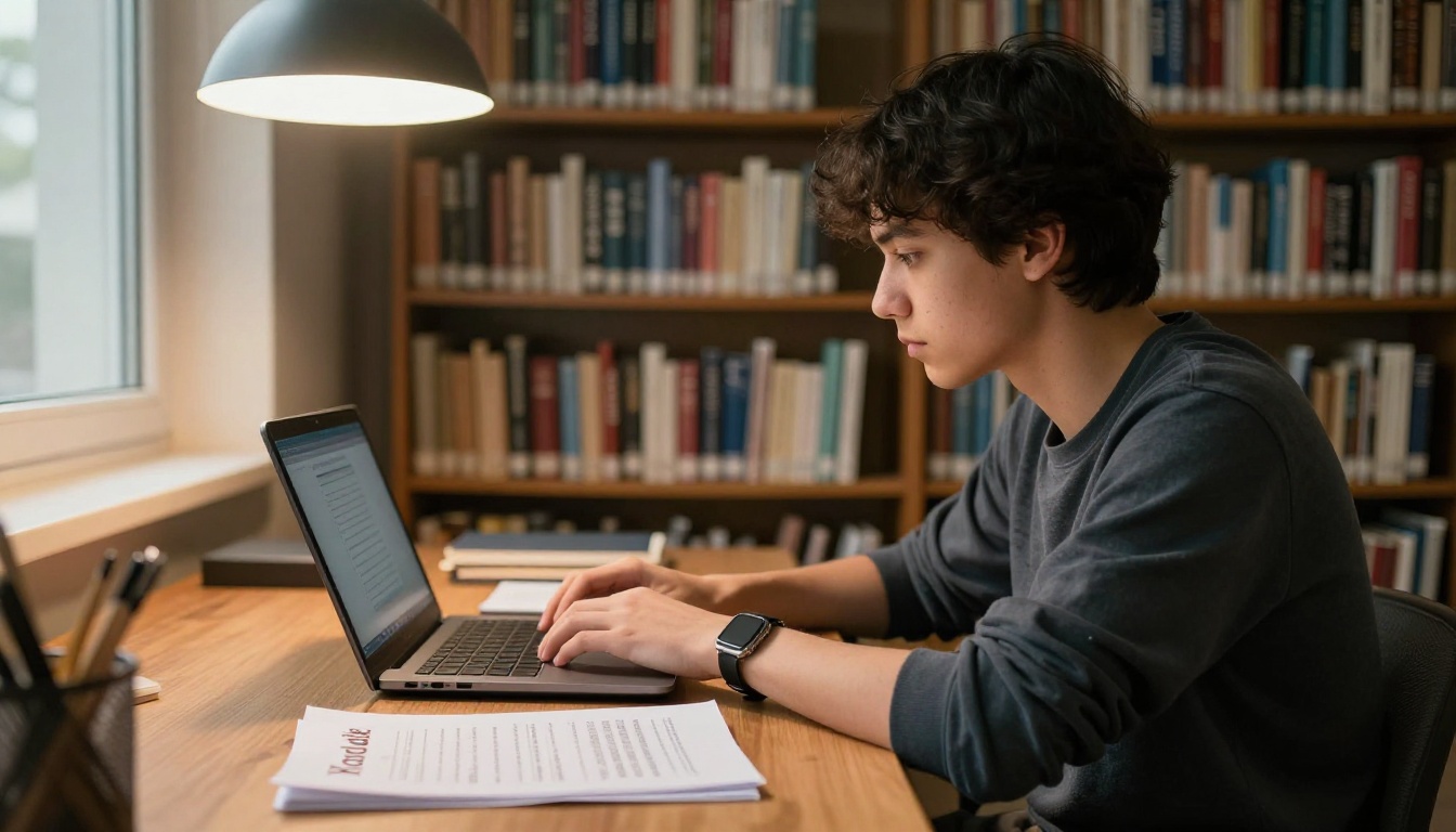 Student studying with a printed handbook