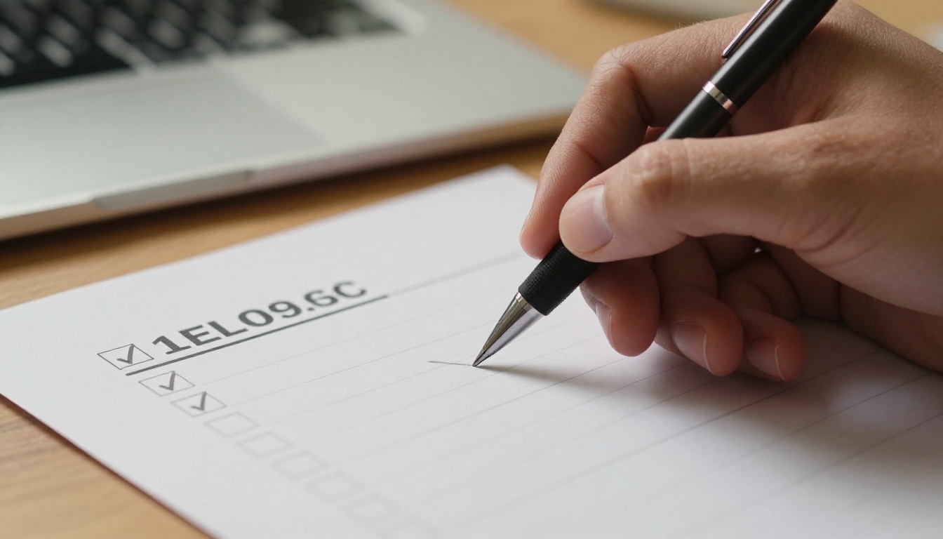 Hand ticking items on a paper checklist next to a laptop Hand ticking items on a paper checklist next to a laptop