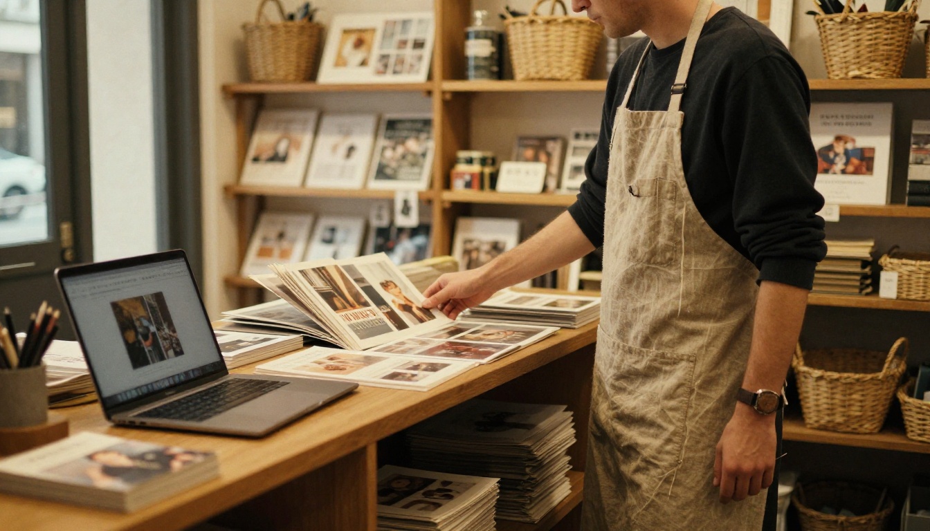 Shop owner arranging printed catalogs on a wooden shelf Shop owner arranging printed catalogs on a wooden shelf