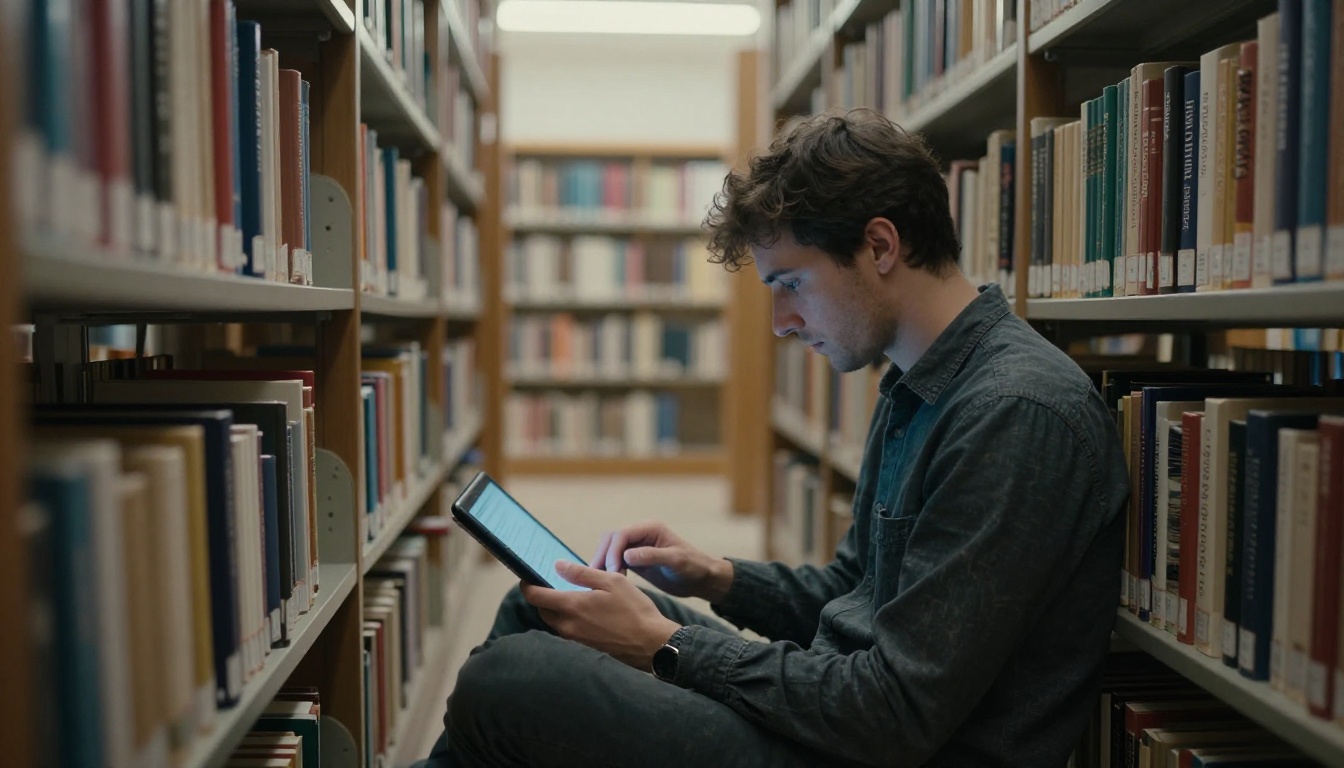 Man reading on a tablet in a quiet library Man reading on a tablet in a quiet library