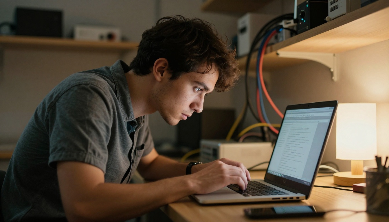 IT technician examining a laptop at a workbench IT technician examining a laptop at a workbench