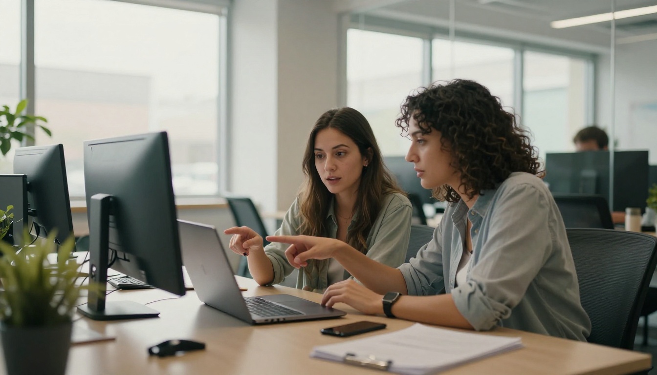 Two colleagues reviewing a laptop screen together Two colleagues reviewing a laptop screen together