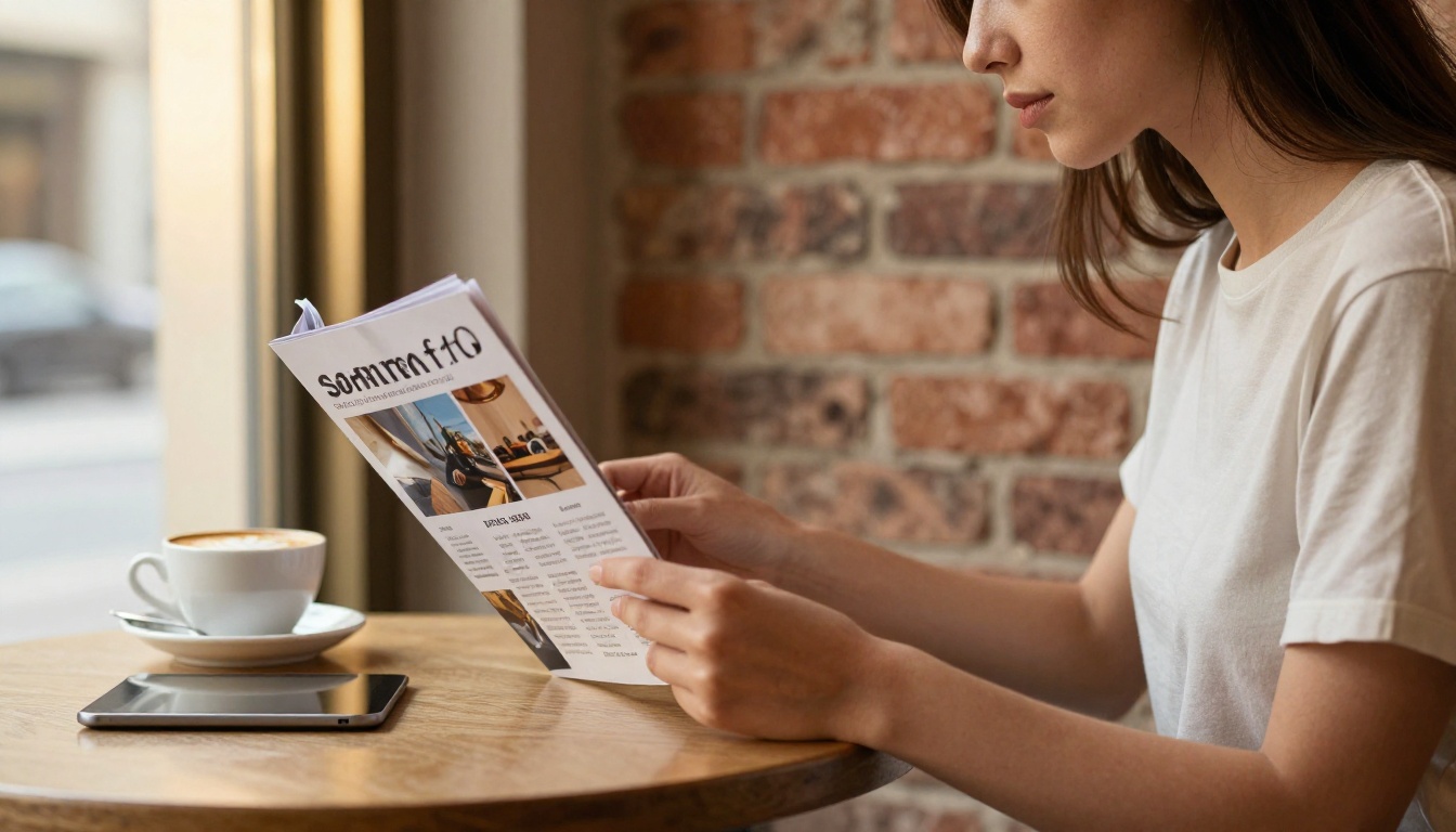 Woman reading a printed brochure beside a tablet in a cafe Woman reading a printed brochure beside a tablet in a cafe