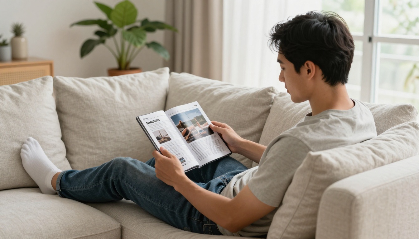 Man holding a tablet showing a digital magazine in a living room Man holding a tablet showing a digital magazine in a living room