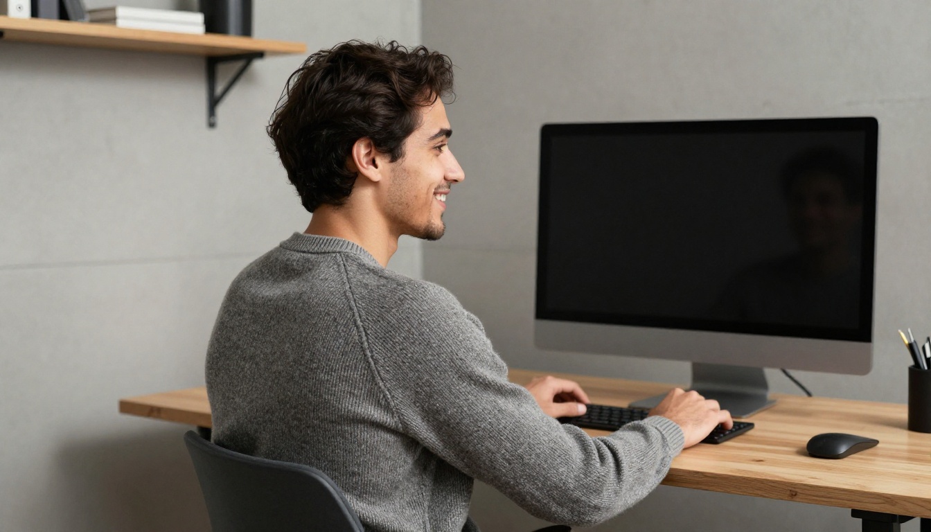 Smiling professional at a standing desk viewing a large monitor Smiling professional at a standing desk viewing a large monitor
