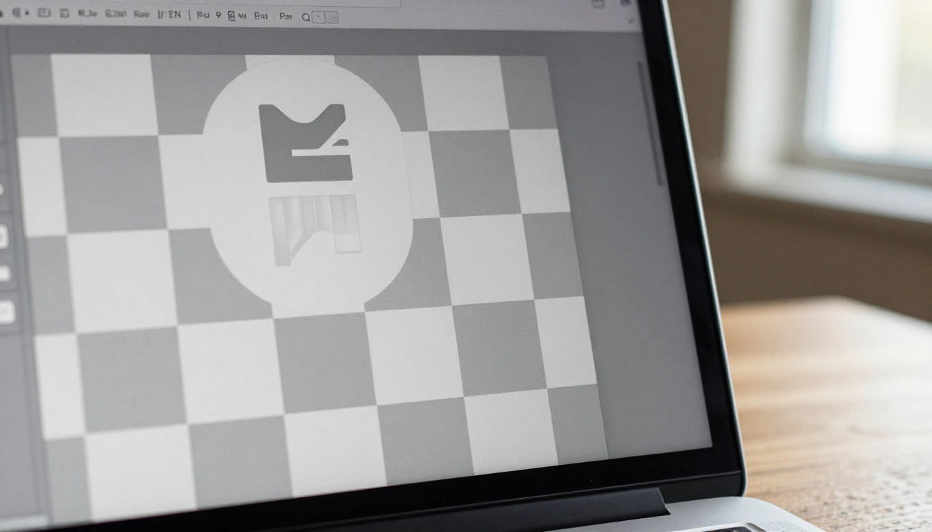 Close-up of a laptop showing a logo on a transparent checkerboard background