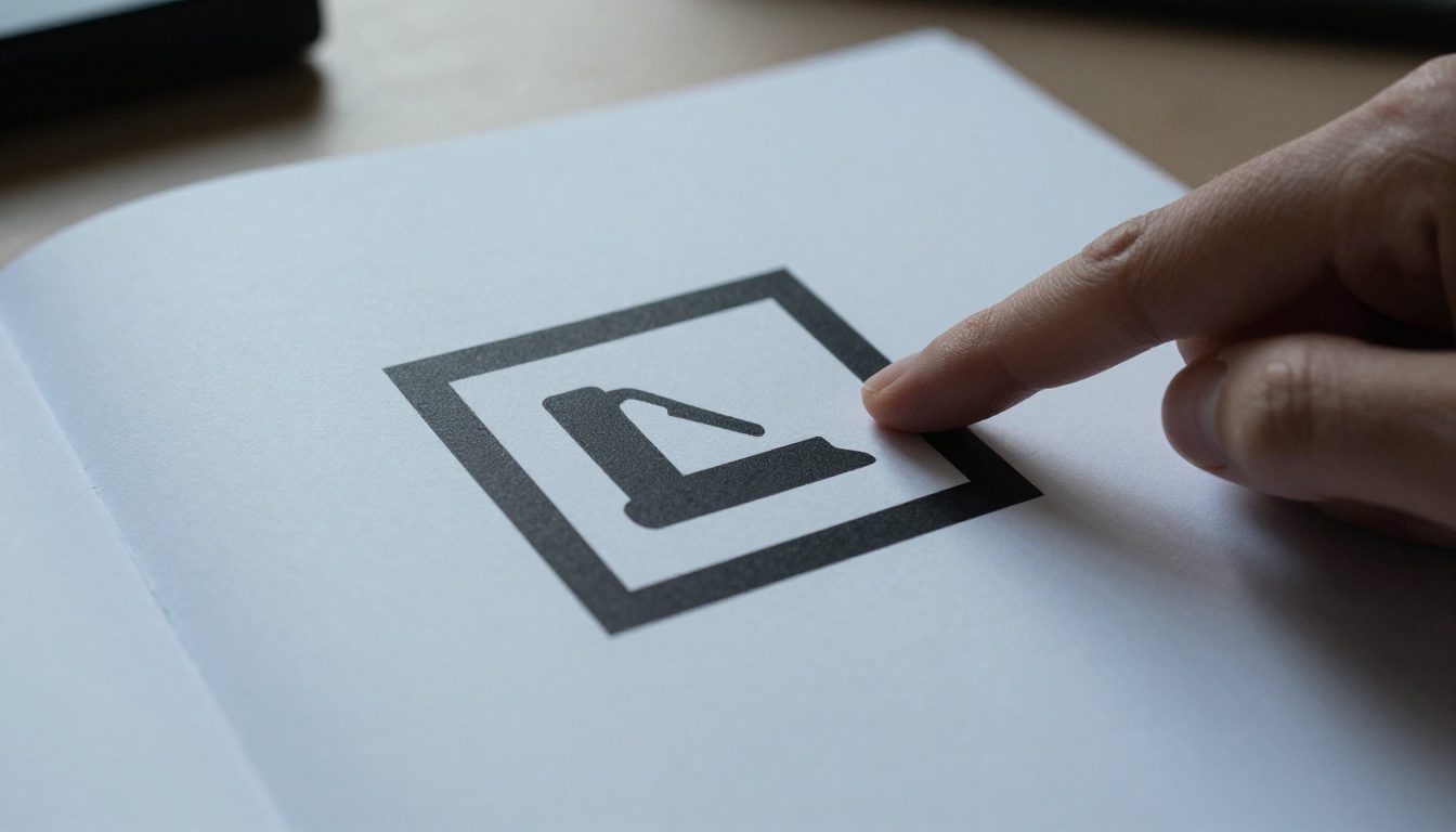 Printed brochure page with a product icon trapped in a solid black square