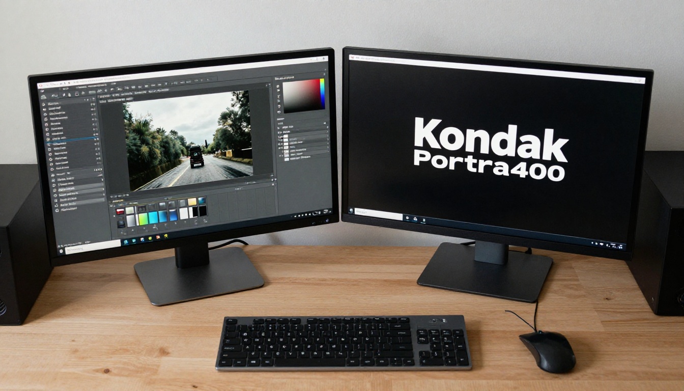 Aerial view of two monitors comparing a layered image and a PDF with a black background
