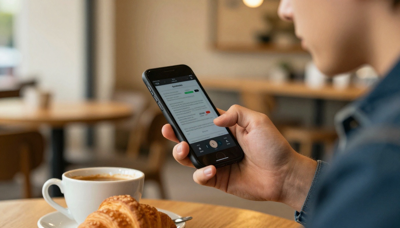 Young man swiping through an interactive digital document on his smartphone in a cafe Young man swiping through an interactive digital document on his smartphone in a cafe
