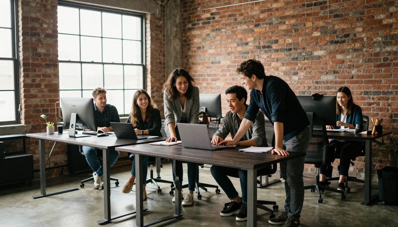 Small team gathered around a laptop at a standing desk in a loft office Small team gathered around a laptop at a standing desk in a loft office