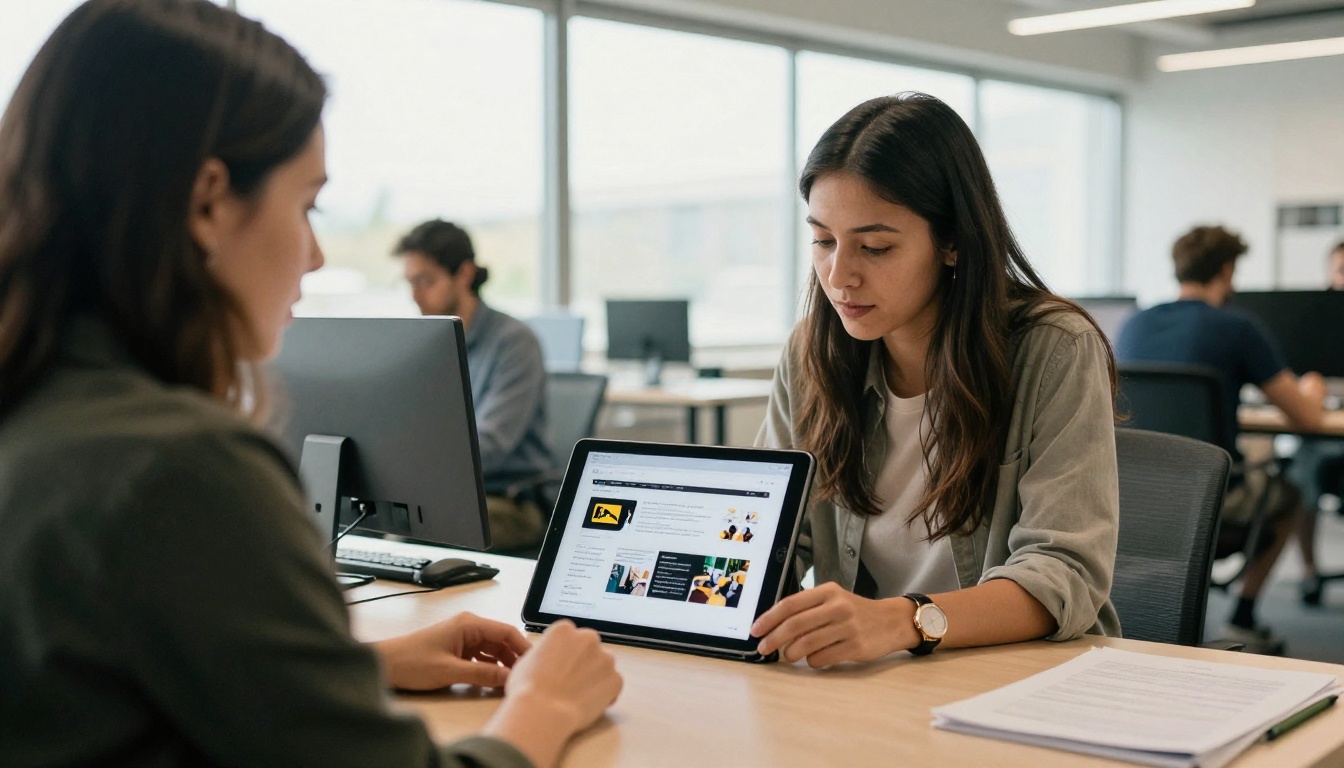 Two colleagues reviewing a flipbook on a tablet in a bright workspace