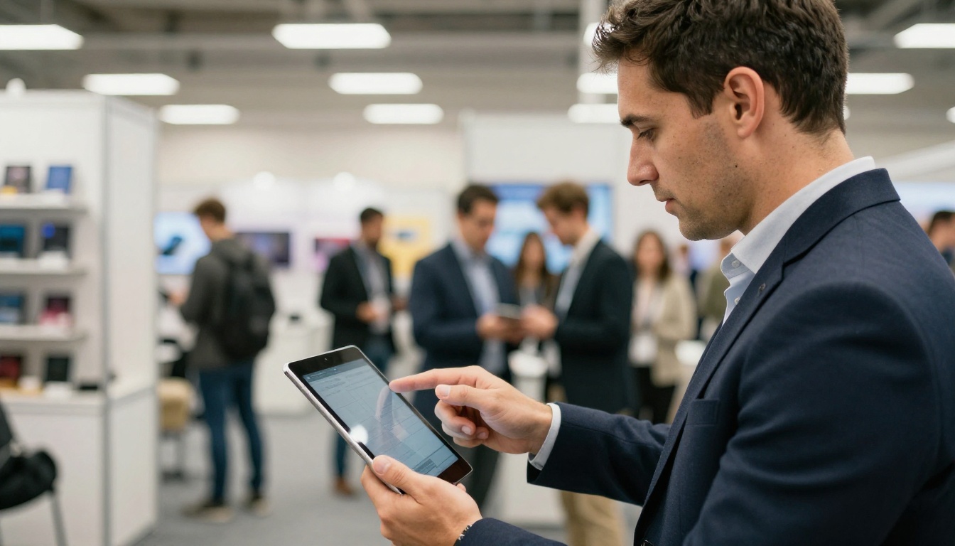 Sales executive showing a tablet to a prospective client at a trade show booth Sales executive showing a tablet to a prospective client at a trade show booth