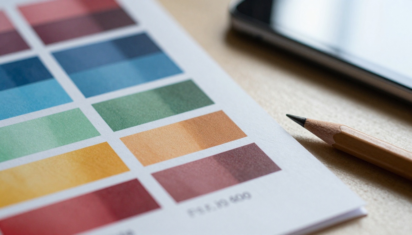 Colour swatch fan and a white sheet beside a stylus