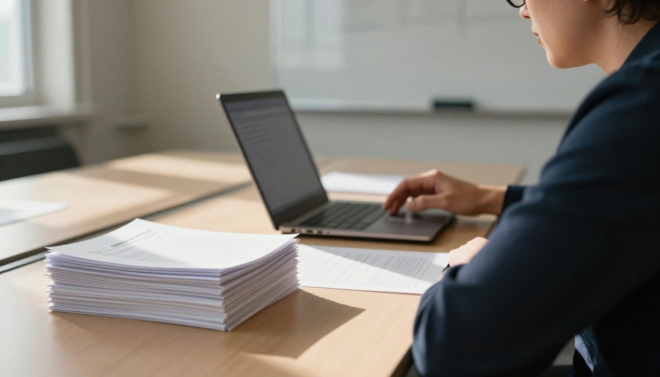 Corporate trainer at a long table with a laptop and printed handouts Corporate trainer at a long table with a laptop and printed handouts