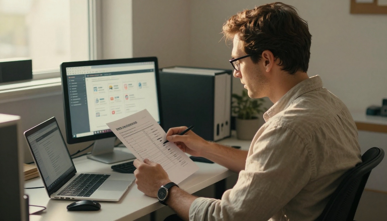 Marketing manager reading a checklist next to a laptop showing a clean PDF