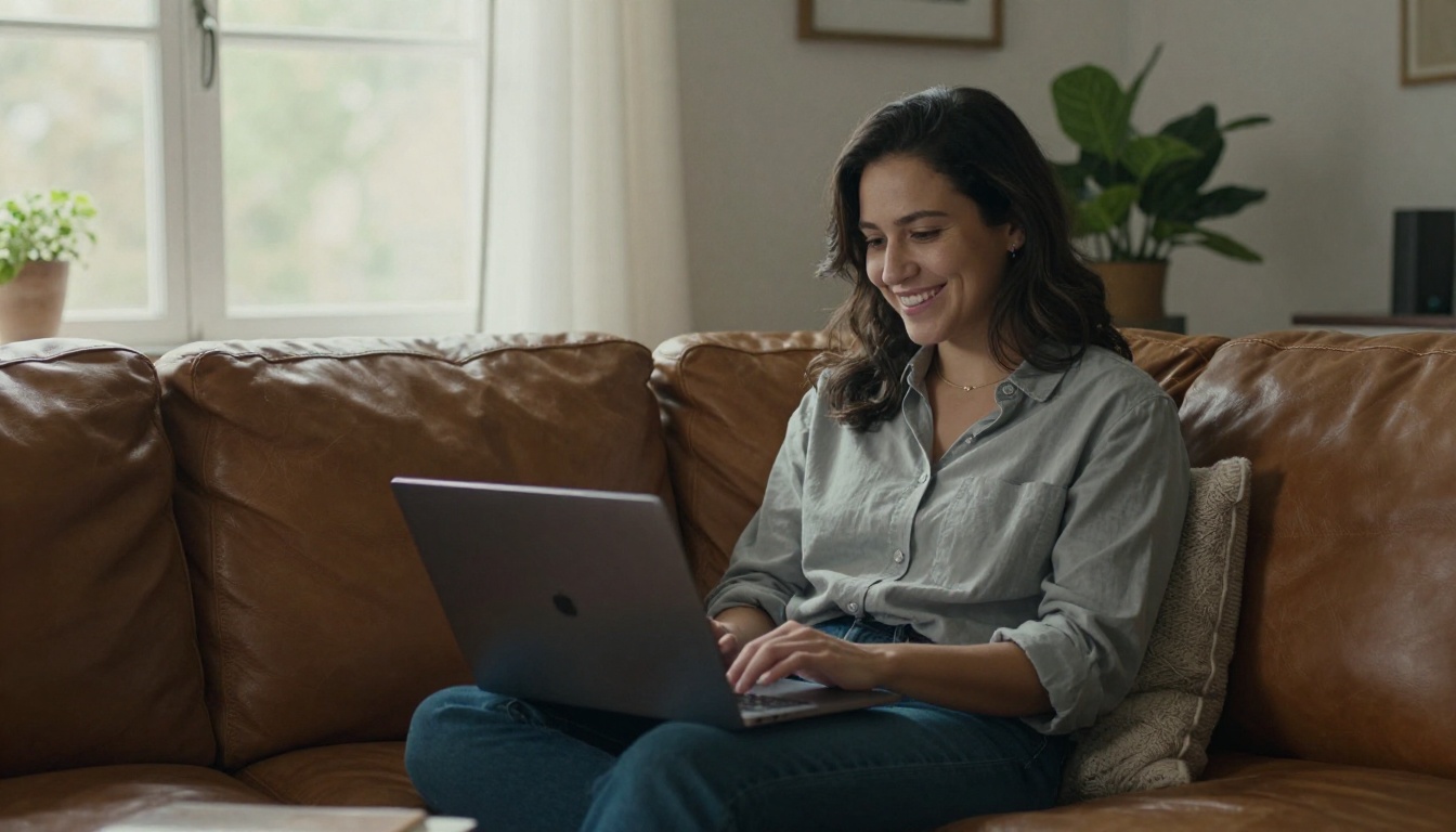 Consultant sending a link from a laptop on a sofa in a sunlit living room Consultant sending a link from a laptop on a sofa in a sunlit living room