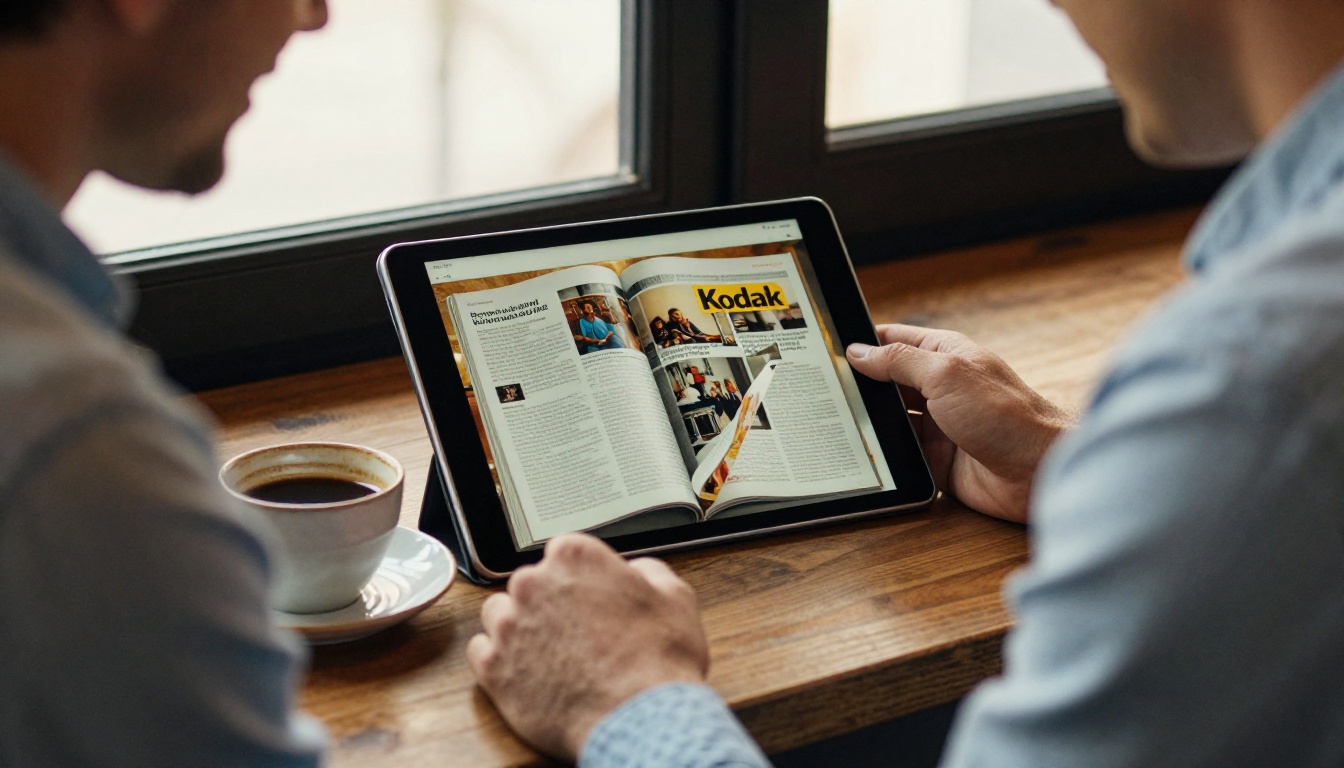 Man in a blue shirt viewing a tablet showing a page-turning document