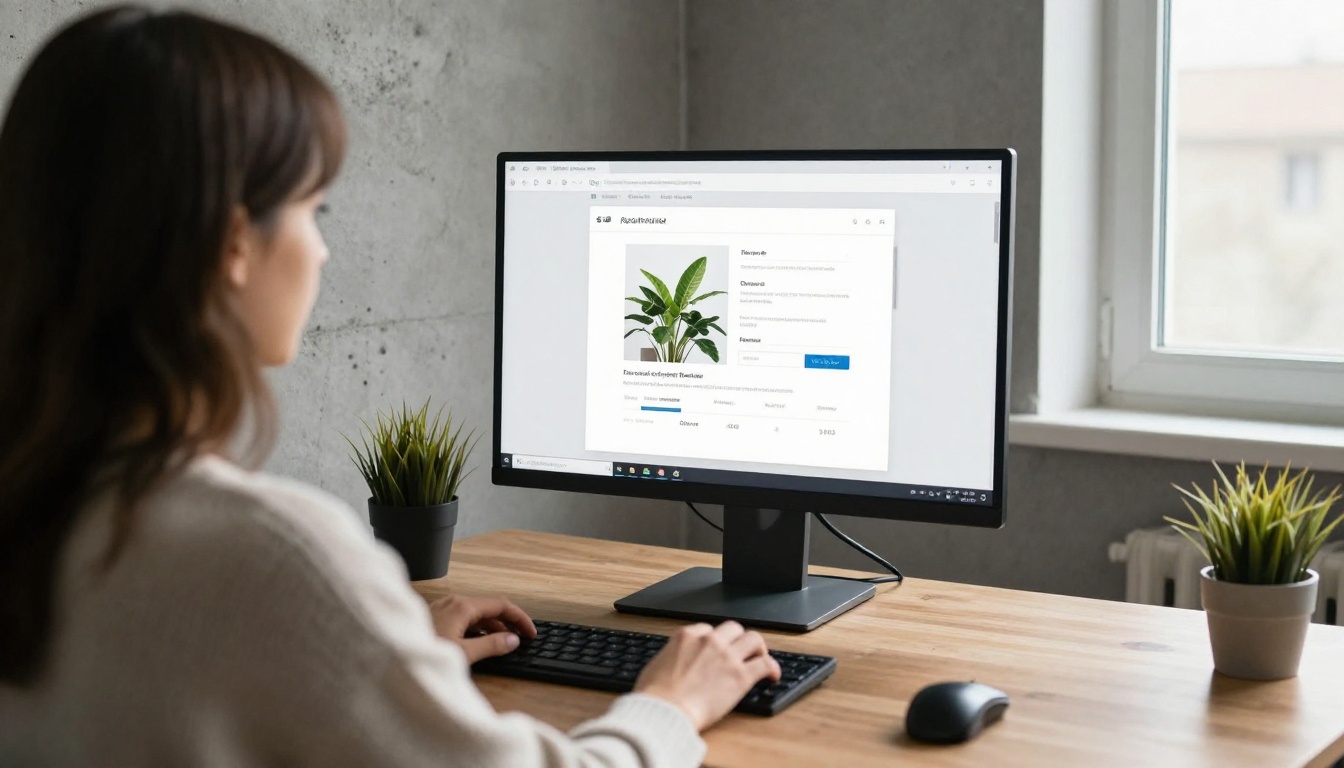 Woman at a desk uploading a PDF on a desktop monitor