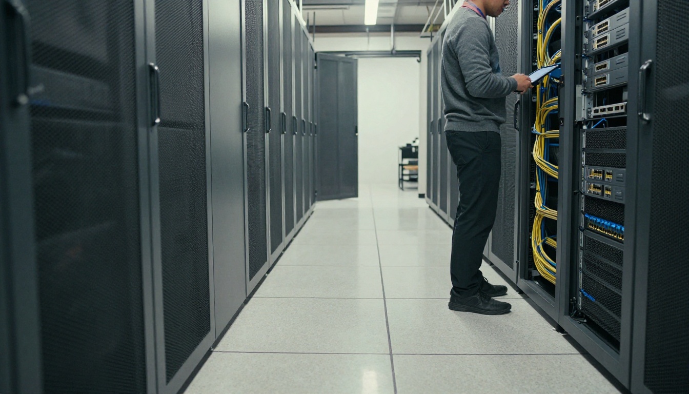 A technician with a tablet in a tidy server room corridor