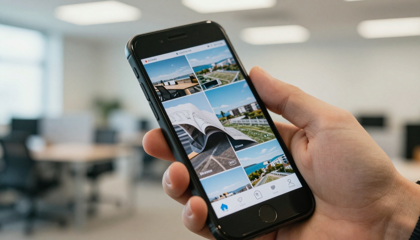 Hand holding a smartphone showing a digital brochure with a page curl