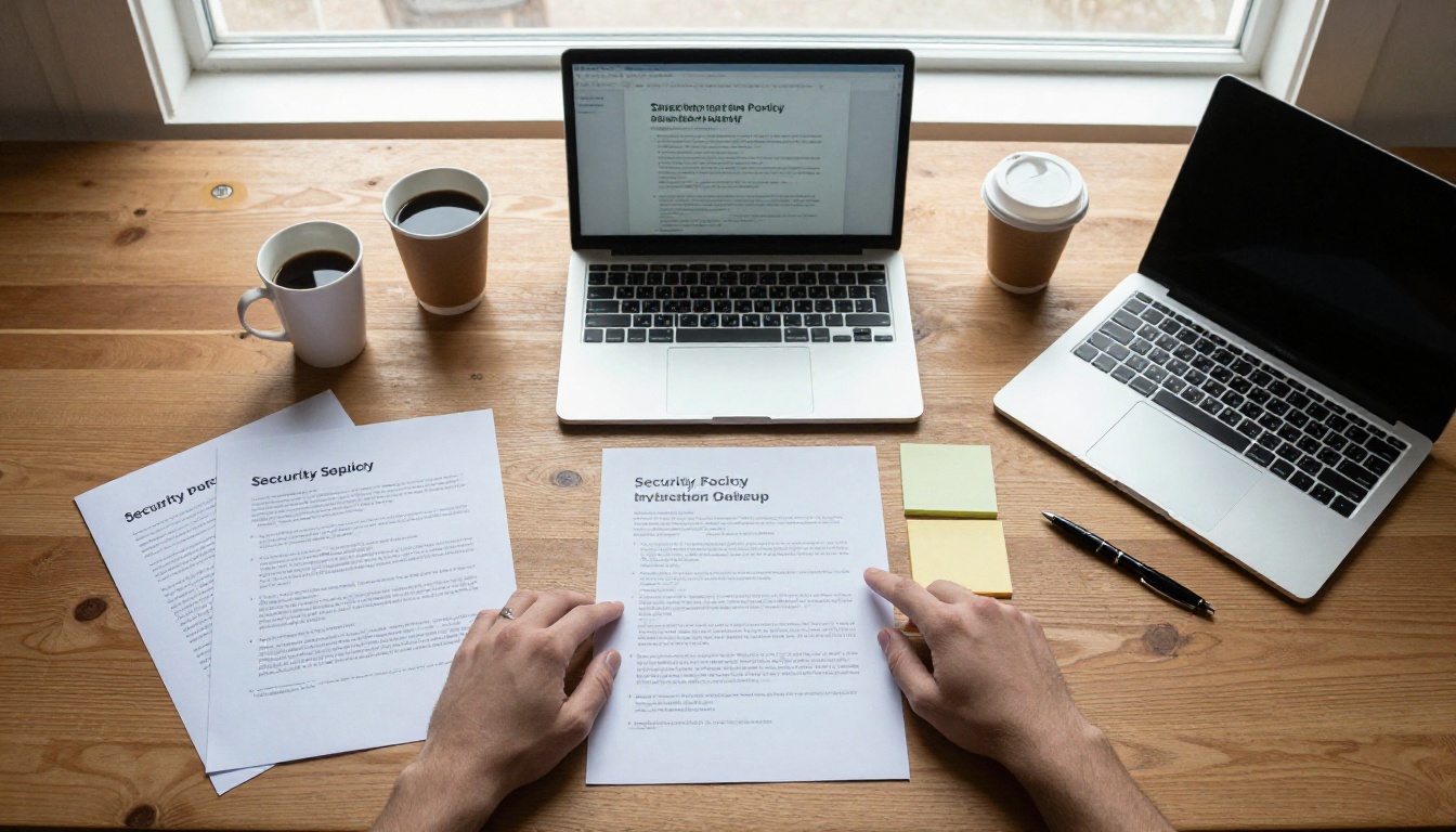 An overhead view of a conference table with printed policy documents and a laptop