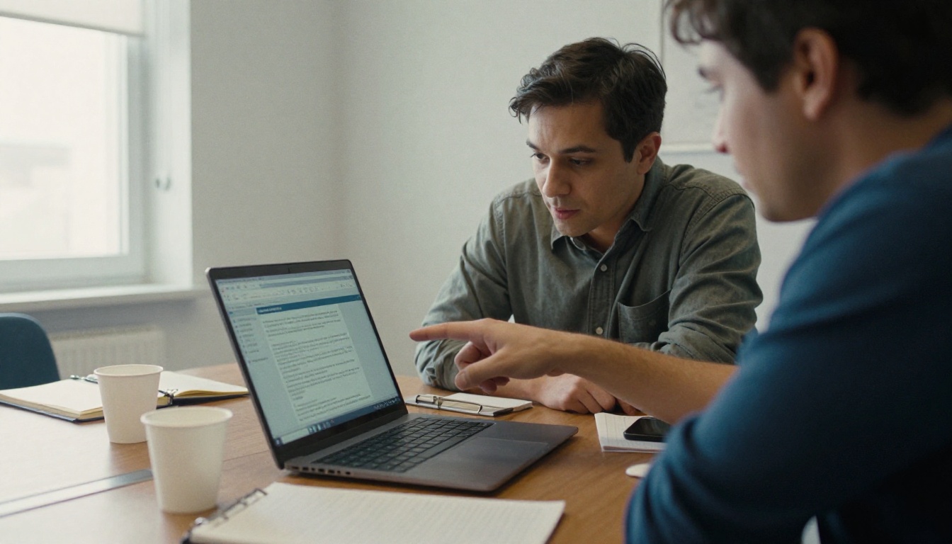 Two colleagues reviewing a shared report on a laptop in a meeting room